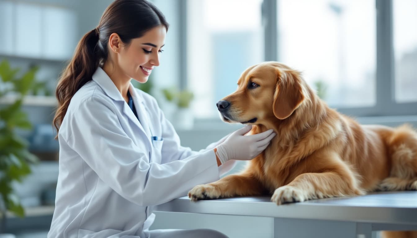 Veterinaria examinando a un perro en una clínica luminosa