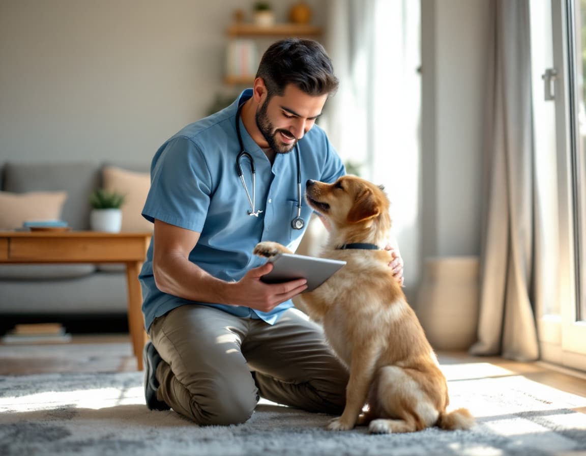 Veterinario en una visita a domicilio usando una tableta