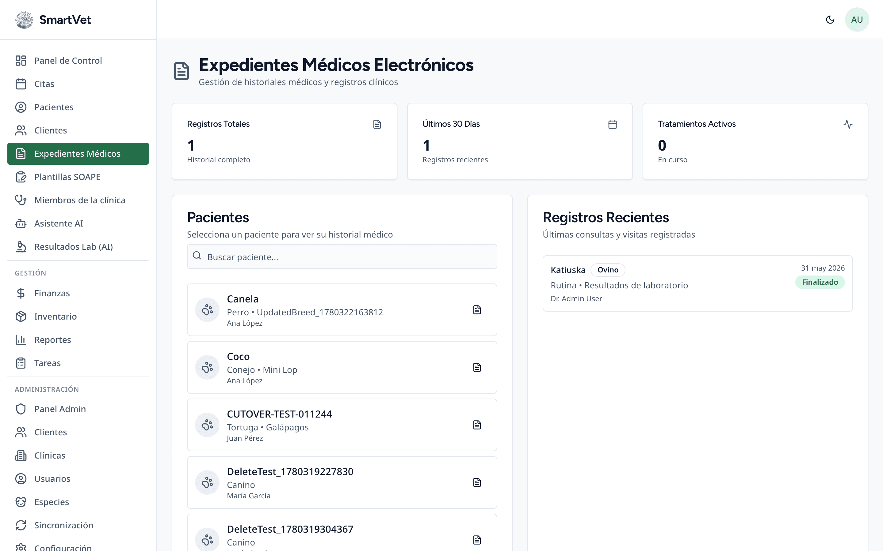Lista de expedientes médicos electrónicos en SmartVet